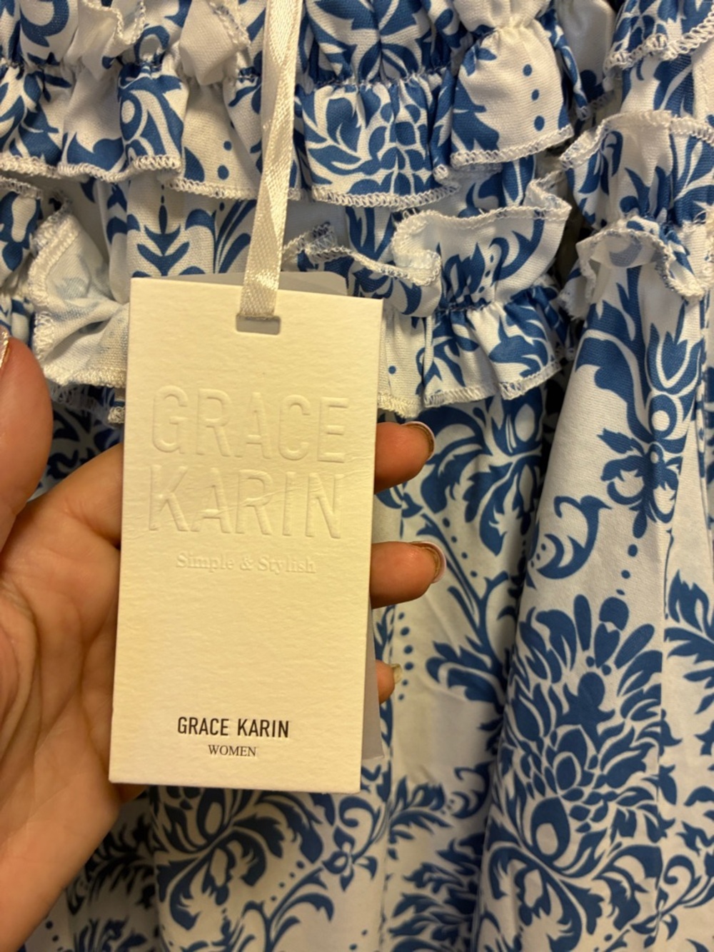 GRACE KARIN Women's blue and white patterned Maxi Boho Dress NWT - Picture 13 of 14